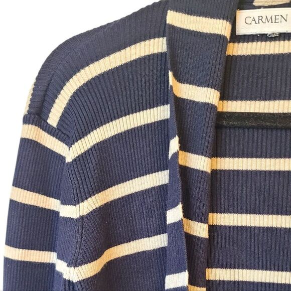 Carmen Marc Valvo Women's Navy Blue And Cream Striped Cardigan Size S - Picture 4 of 5